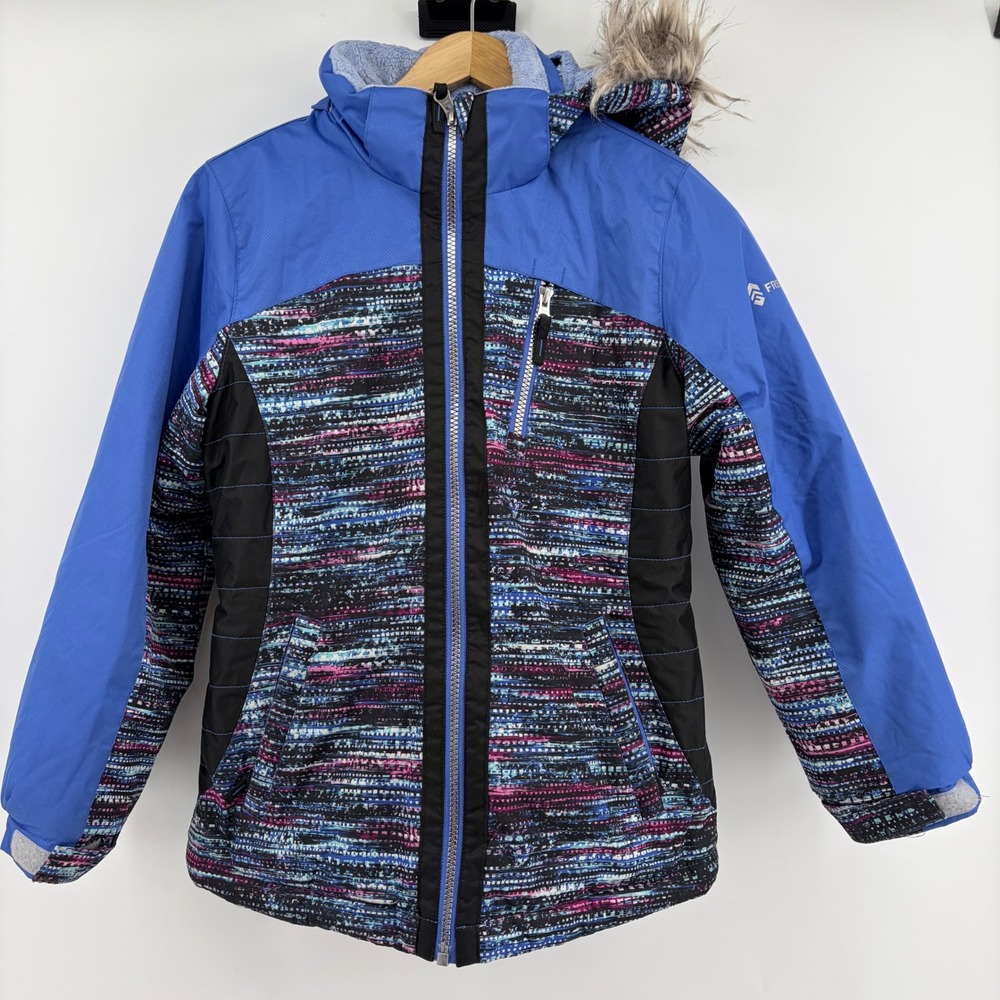 Free Country Girls Blue Multi Pixel Print Faux Fur Hood Puffer Ski Jacket M10/12